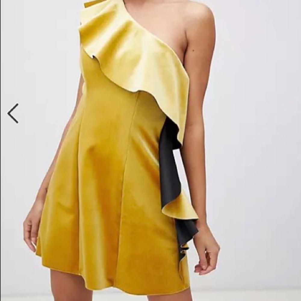 ASOS DESIGN velvet one shoulder ruffle mini dress